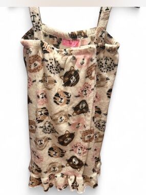 Cozy Cat Print Plush Slip Dress - Cream & Pink